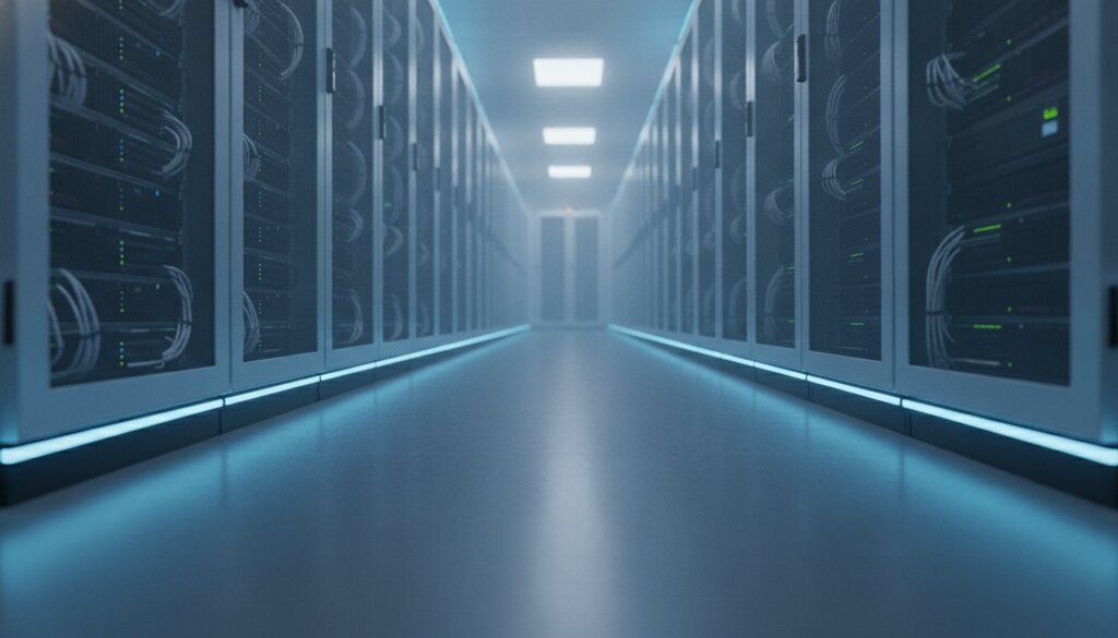 Gang tussen serverrekken in een modern datacenter met zachte blauwe verlichting