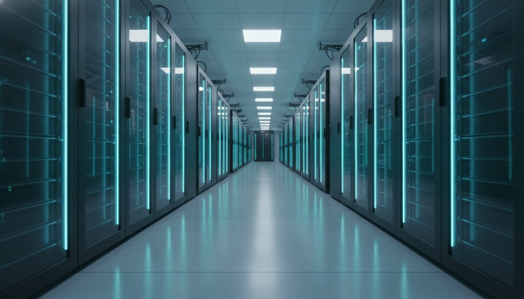 Serverhal met rijen serverracks in blauw omgevingslicht