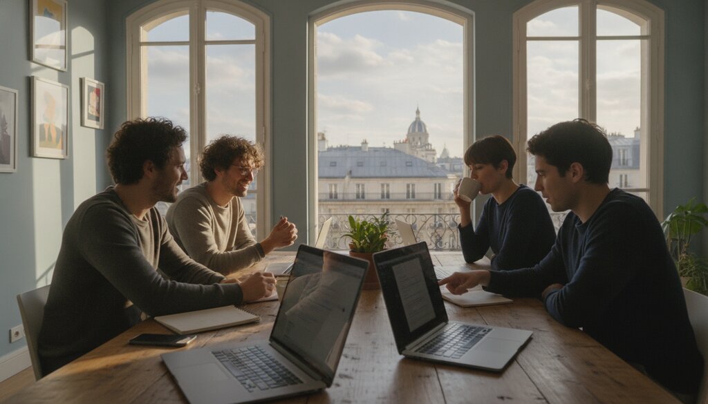 Ontwikkelaars werken samen aan een tafel in een licht kantoor in Parijs