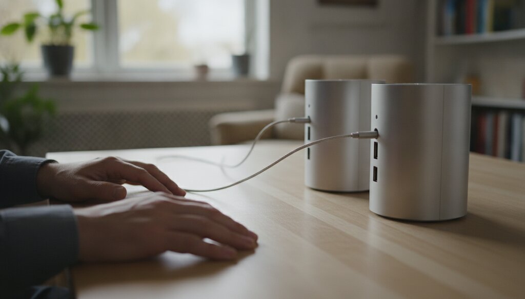 Twee compacte desktopcomputers gekoppeld met een kabel op een bureau in een thuiskantoor