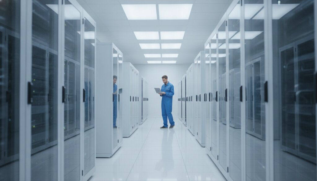 Technicus met laptop loopt tussen serverrekken in een licht datacenter