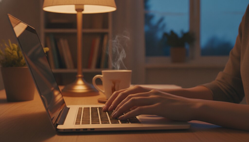 Handen typen op een laptop in een rustig thuiskantoor bij avondlicht