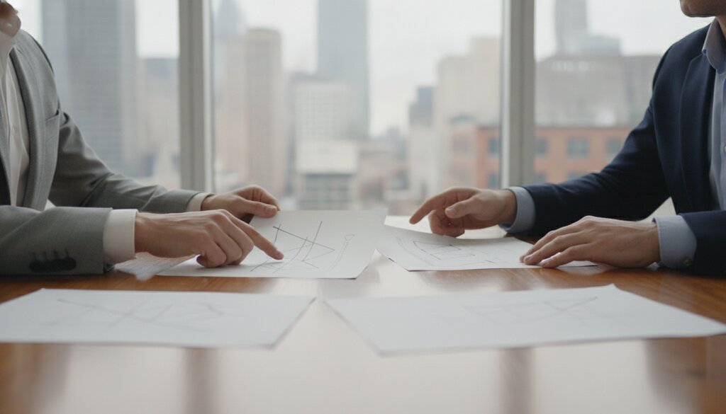 Twee zakelijke collega's bespreken documenten in een glazen vergaderruimte
