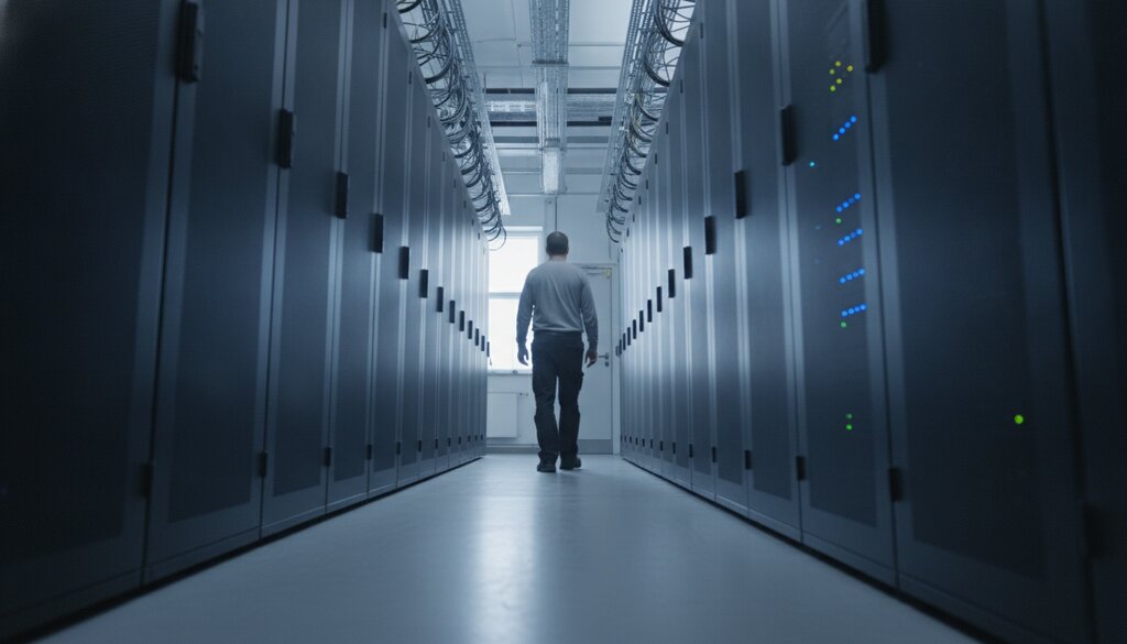 Gang tussen serverracks in een datacenter met een technicus op de achtergrond