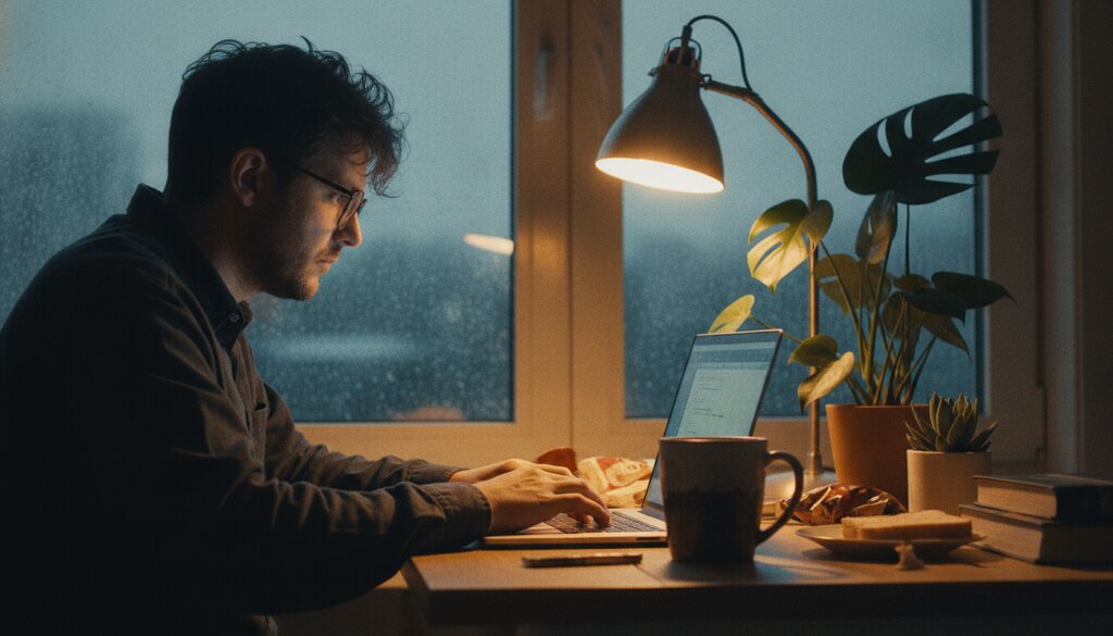 Softwareontwikkelaar werkt aan een laptop bij bureaulampverlichting