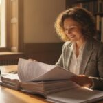 Wiskundige leest een stapel geprinte manuscripten naast een laptop