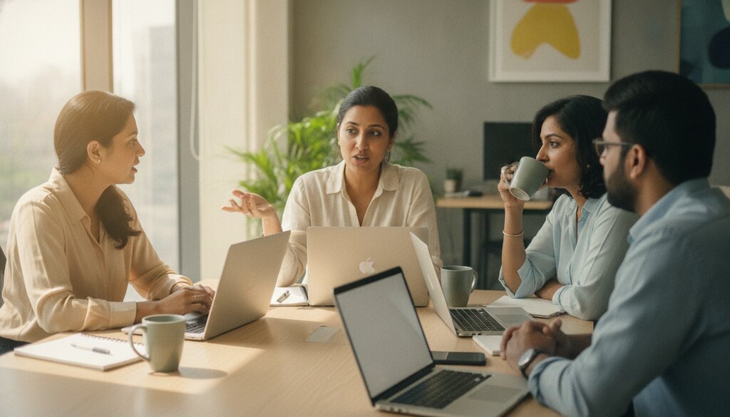 Marketingteam overlegt met laptops aan een tafel in een licht kantoor