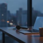 Leeg bureau met open laptop bij schemering terwijl het werk doorgaat