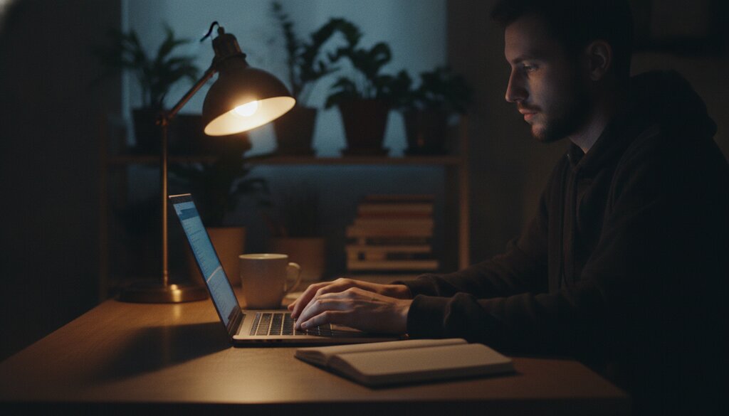 Onderhouder van opensourcesoftware werkt laat aan een laptop in een thuiskantoor