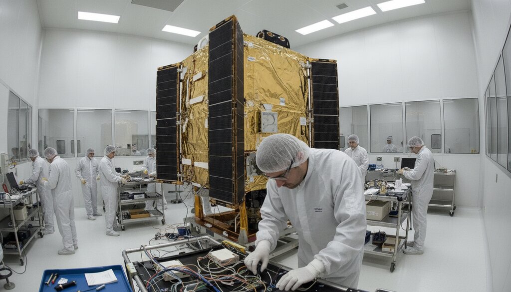 Ingenieurs werken aan een satelliet met goudkleurige thermische folie in een cleanroom