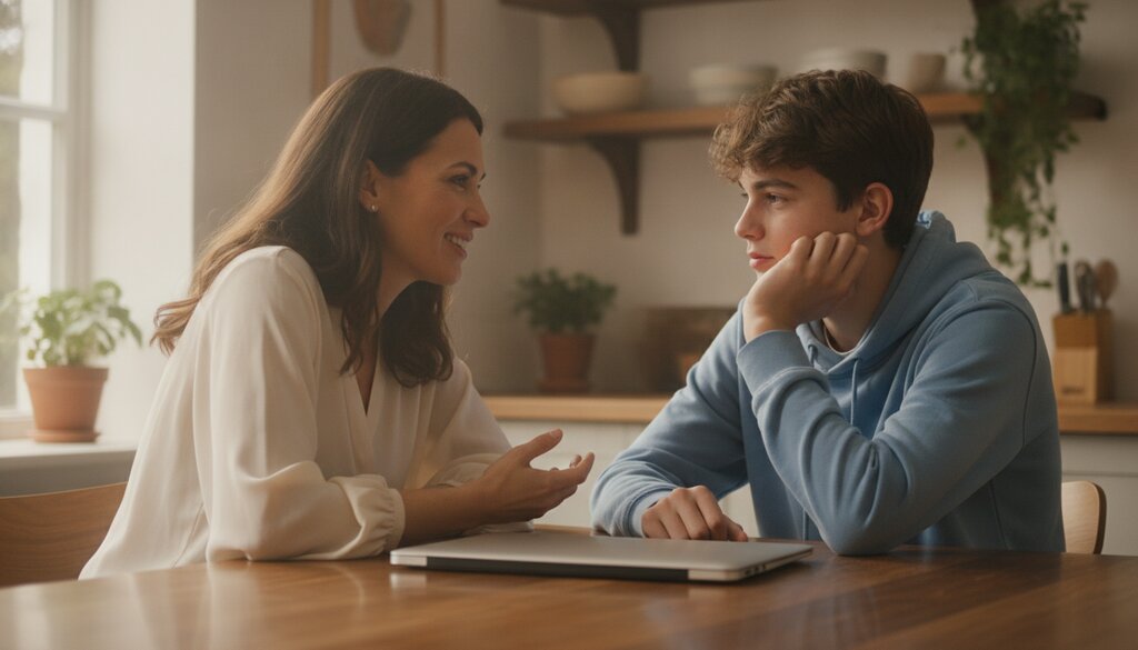 Moeder en tienerzoon in gesprek aan de keukentafel naast een dichtgeklapte laptop