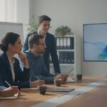 Inkopers bekijken samen een korte pitchvideo op een groot scherm in een vergaderzaal