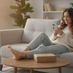 Vrouw op de bank bekijkt haar smartphone naast een pakketje