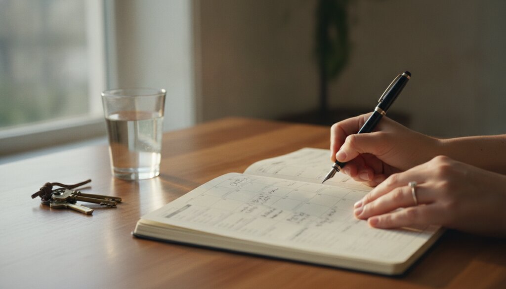 Handen schrijven afspraken in een papieren agenda op een houten bureau
