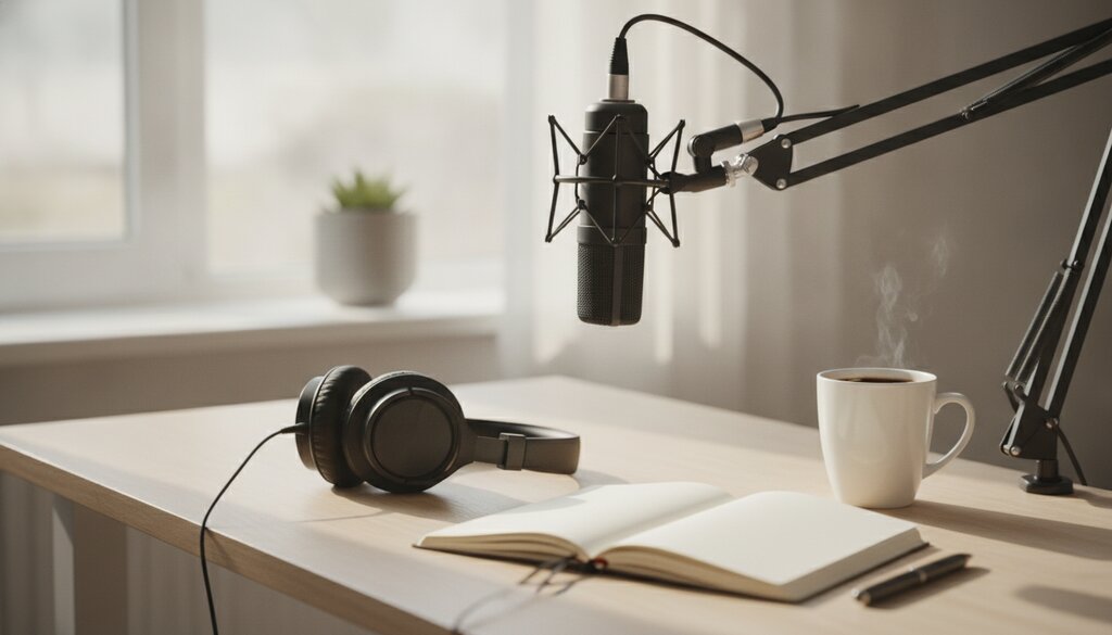 Microfoon, koptelefoon en notitieboek op een bureau voor het opnemen van een podcast