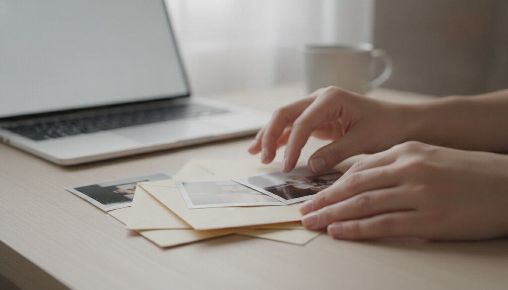 Handen sorteren enveloppen en foto's op een bureau met een laptop op de achtergrond