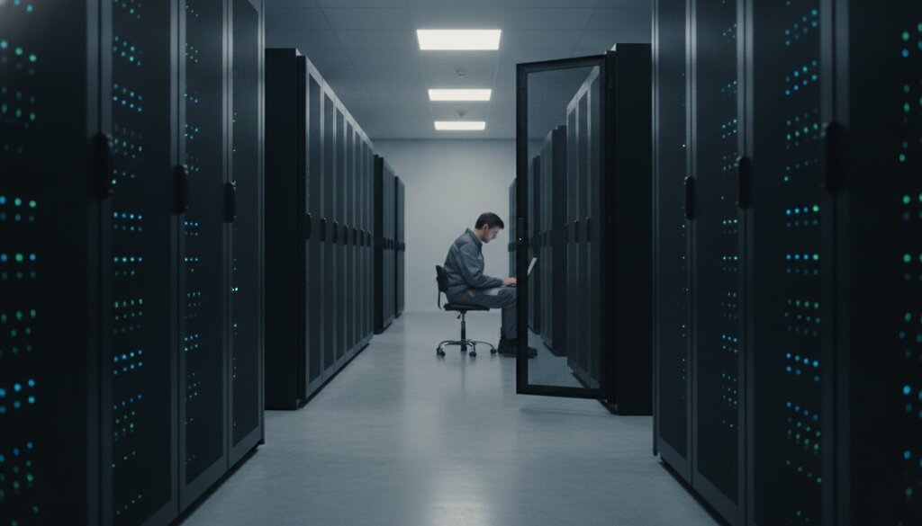 Technicus installeert een update tussen serverkasten in een datacenter
