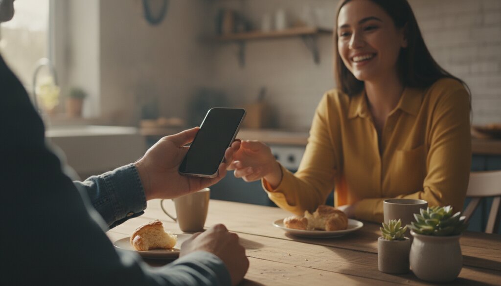 Iemand geeft aan de keukentafel een smartphone door aan een vriendin