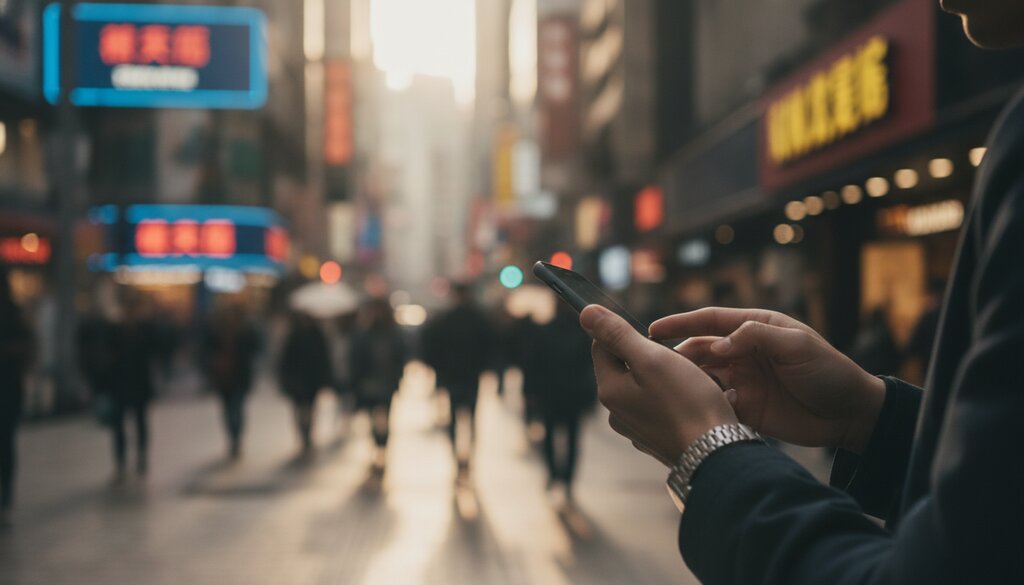 Handen houden een smartphone vast in een drukke Aziatische winkelstraat