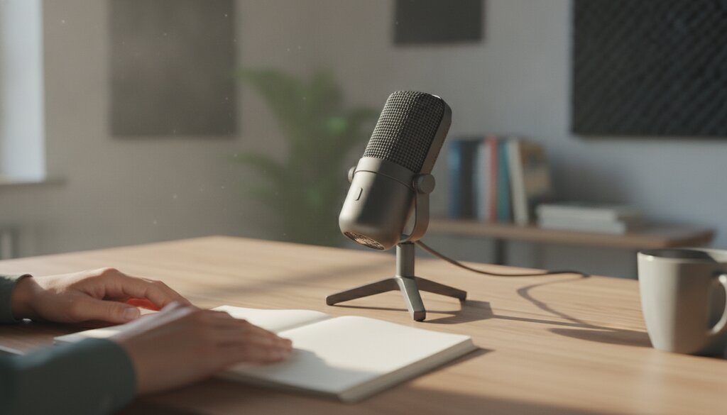 Tafelmicrofoon op een houten bureau in een rustige thuisstudio
