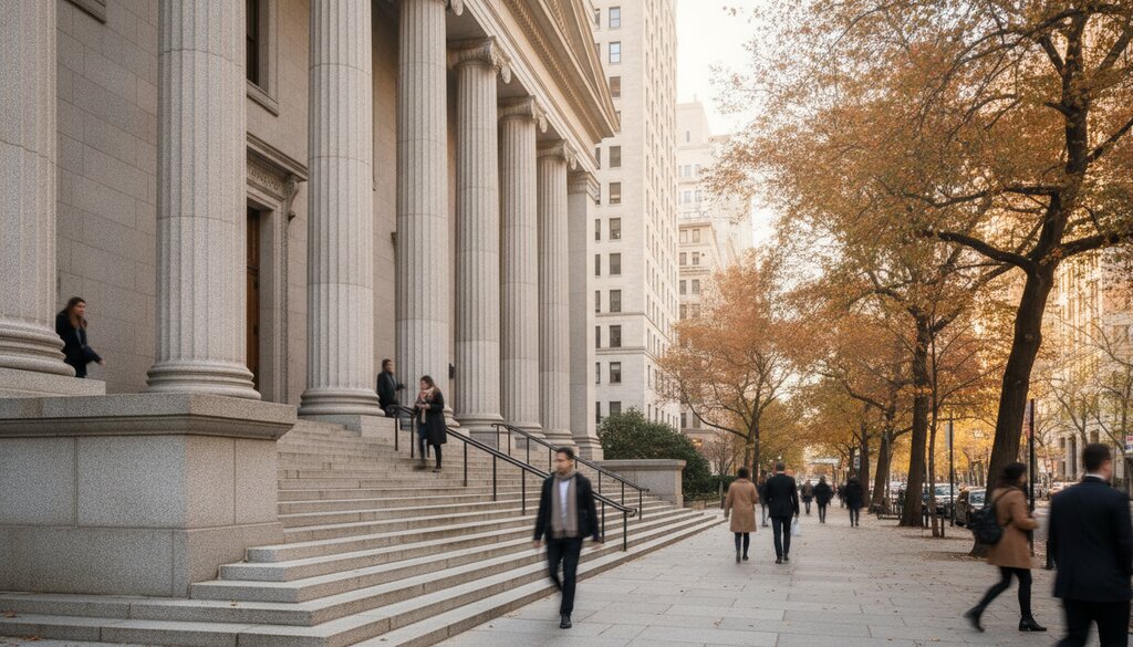 Trappen en zuilen van een federale rechtbank in New York op een herfstochtend