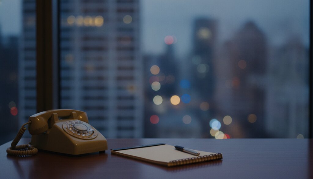 Leeg kantoorbureau met telefoon en notitieblok bij avondlicht