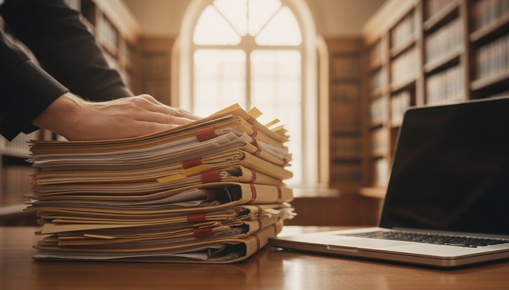 Advocaat met dossiers en laptop in een juridische bibliotheek