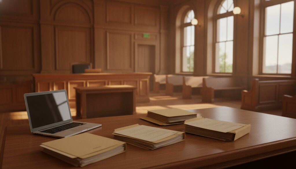 Lege Amerikaanse rechtszaal met laptop en dossiers op de tafel