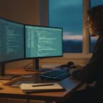 Ontwikkelaar werkt 's avonds aan code op twee beeldschermen