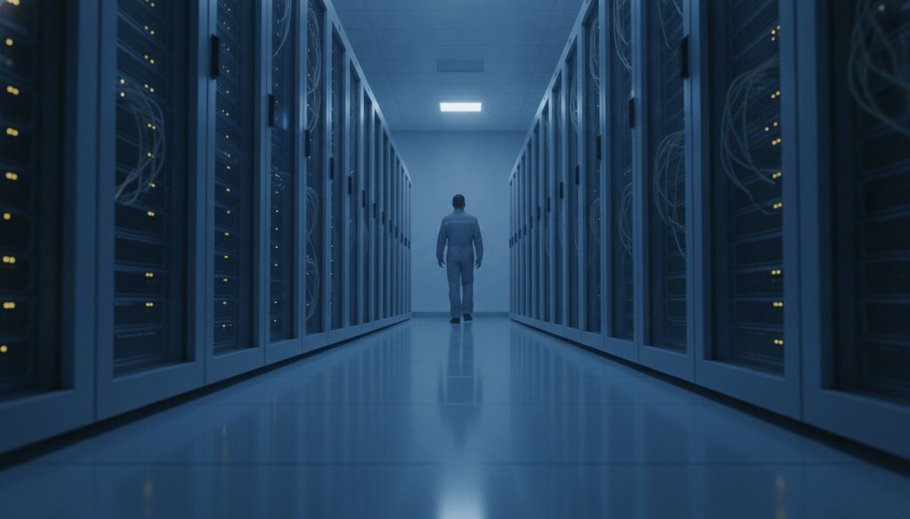 Gang tussen serverracks in een rekencentrum met blauwe verlichting
