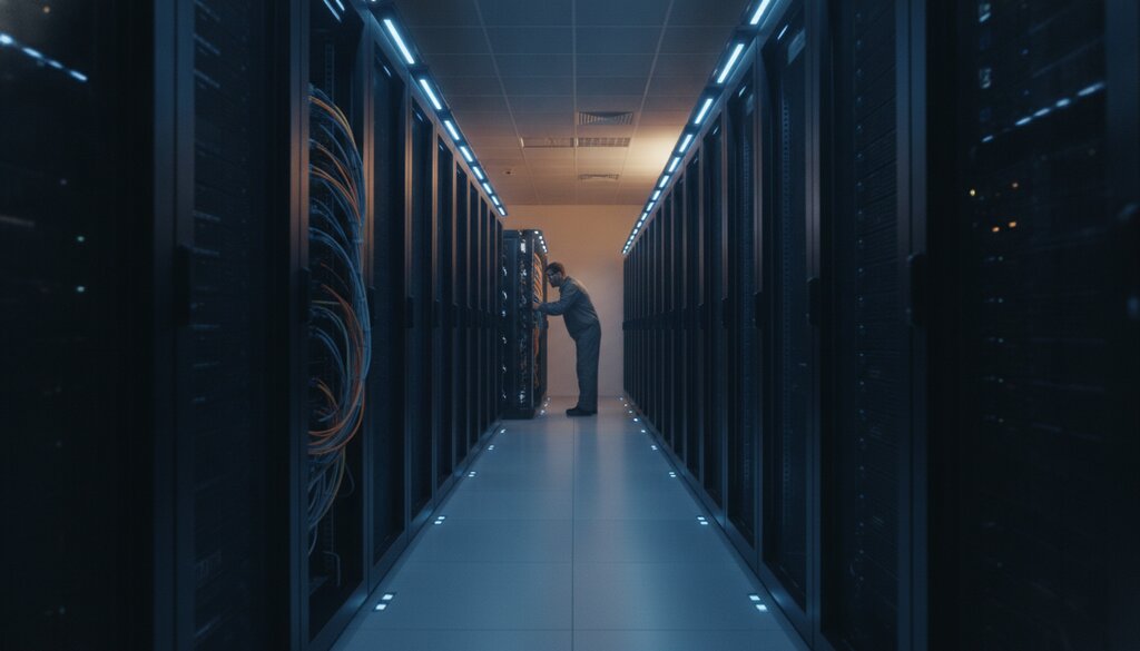 Rijen serverkasten in een modern datacenter met een technicus op de achtergrond