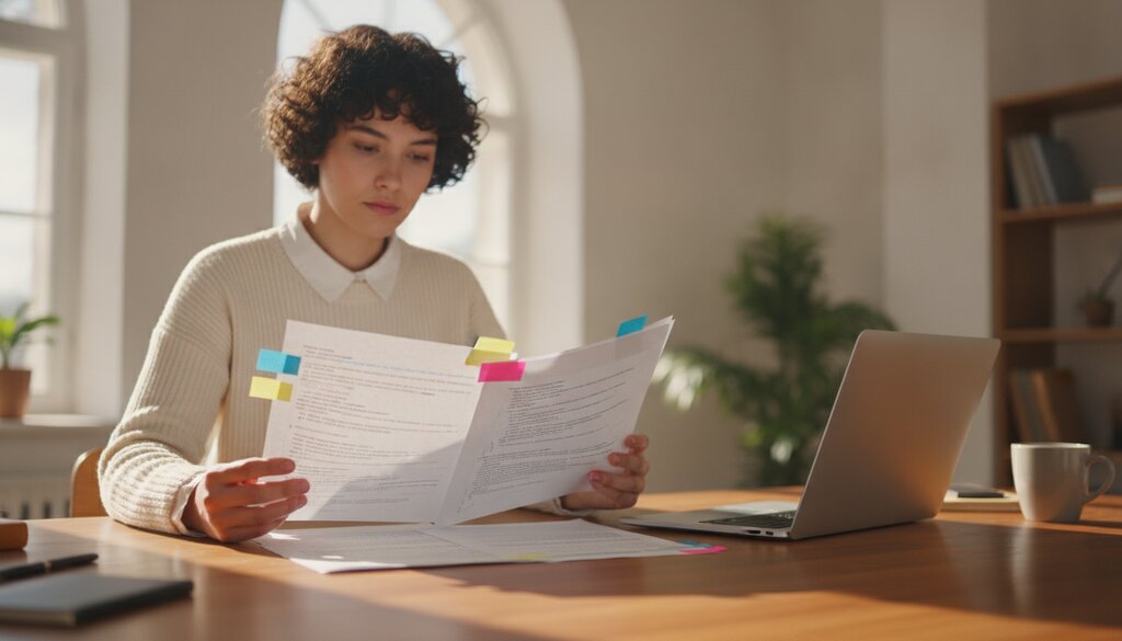 Data-engineer aan een bureau bekijkt documenten met gemarkeerde passages
