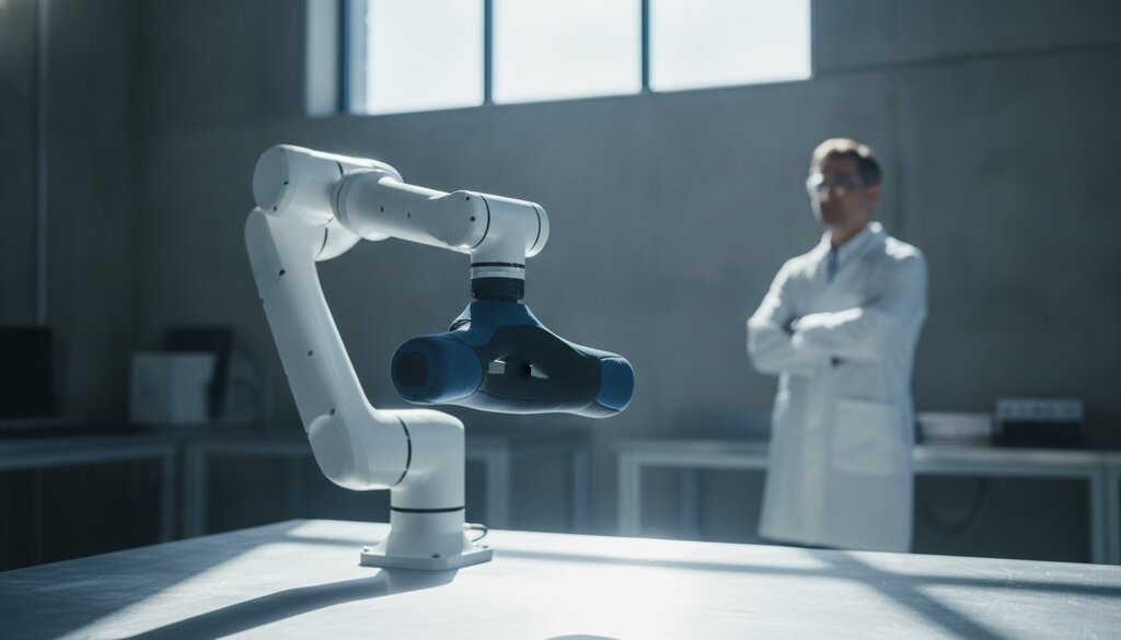Robotarm met zachte handgreep op een werkbank in een onderzoekslab voor revalidatierobotica
