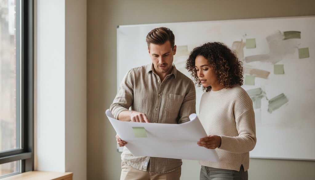 Twee collega's bespreken een implementatieplan bij een whiteboard op kantoor