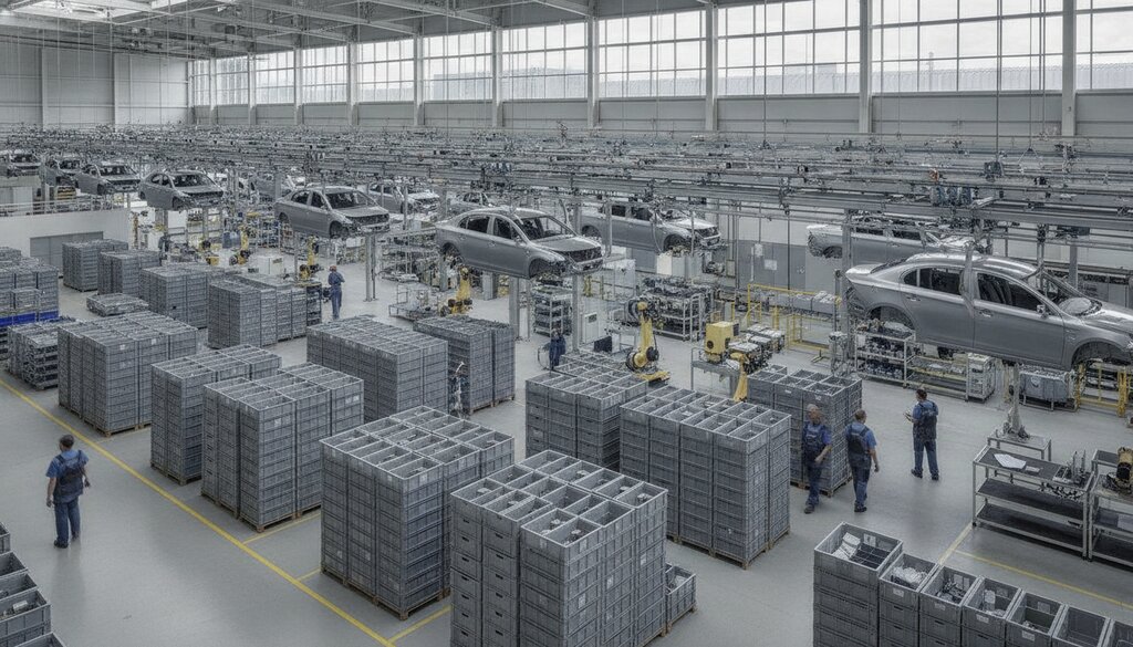 Overzicht van een eindassemblagehal met transportbaan en kratten