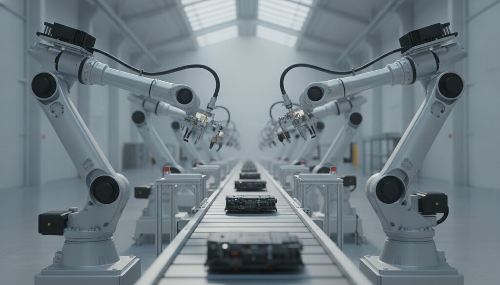 Geautomatiseerde productielijn met robotarmen in een fabriekshal