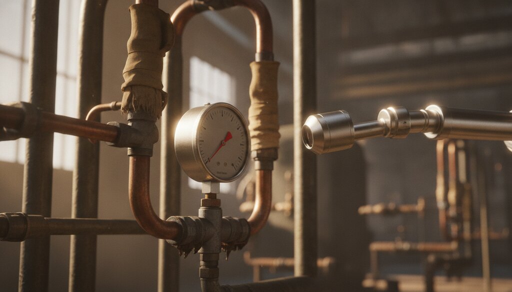 Analoge drukmeter en leidingen in een fabriek, met een robotsensor dichtbij