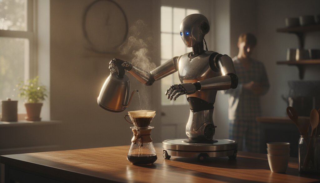 Robot met twee armen schenkt water in een koffiefilter op een keukenblad