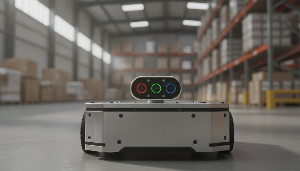 Close-up van een RGB-cameralens op een mobiele robot in een logistieke ruimte