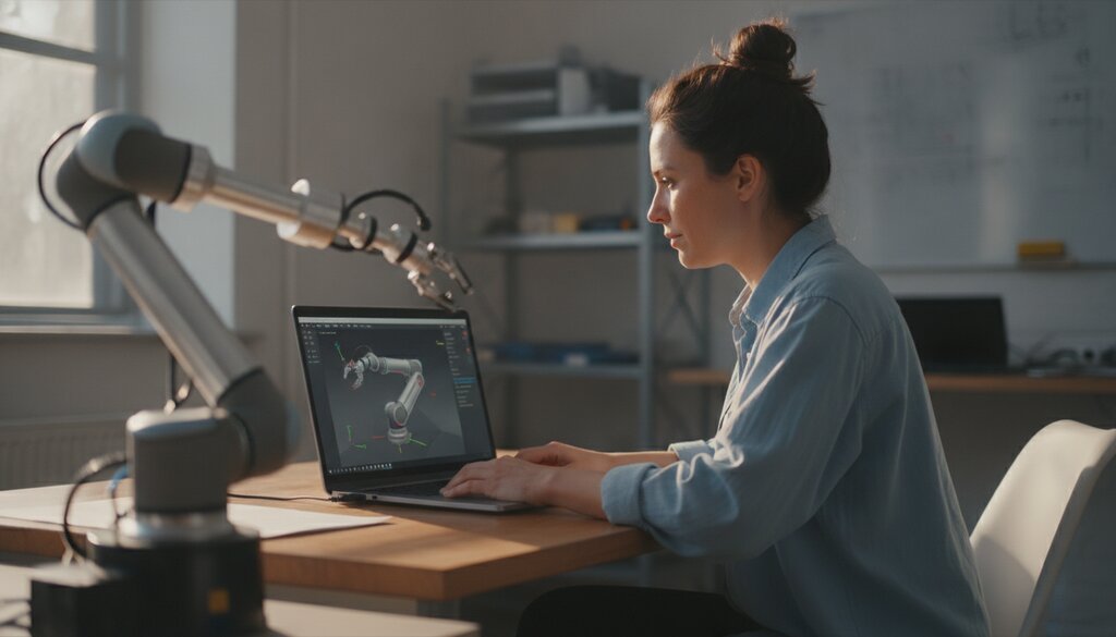 Robotica-engineer bekijkt een 3D-simulatie van een robotarm op een laptop