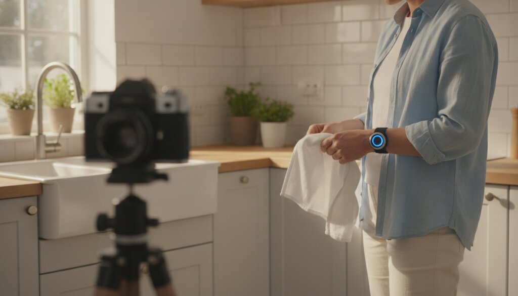 Vrouw met bewegingssensor vouwt een theedoek in een keuken terwijl een camera opneemt