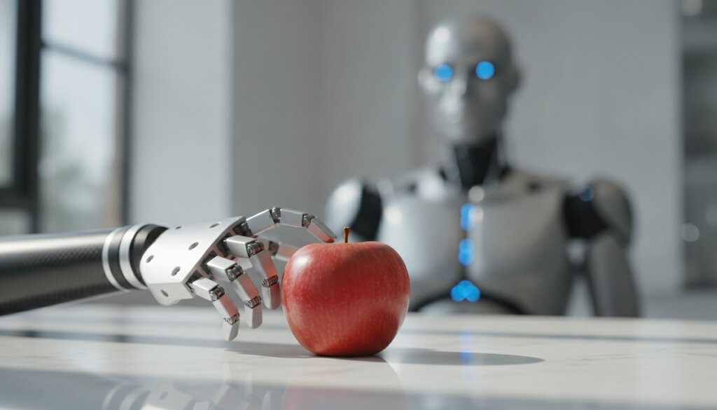 Robotarm pakt voorzichtig een appel op een labtafel, humanoïde robot op de achtergrond
