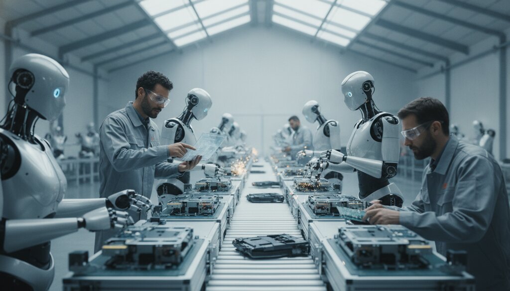 Ingenieurs werken samen met humanoide robots aan een assemblagelijn in een lichte fabriekshal