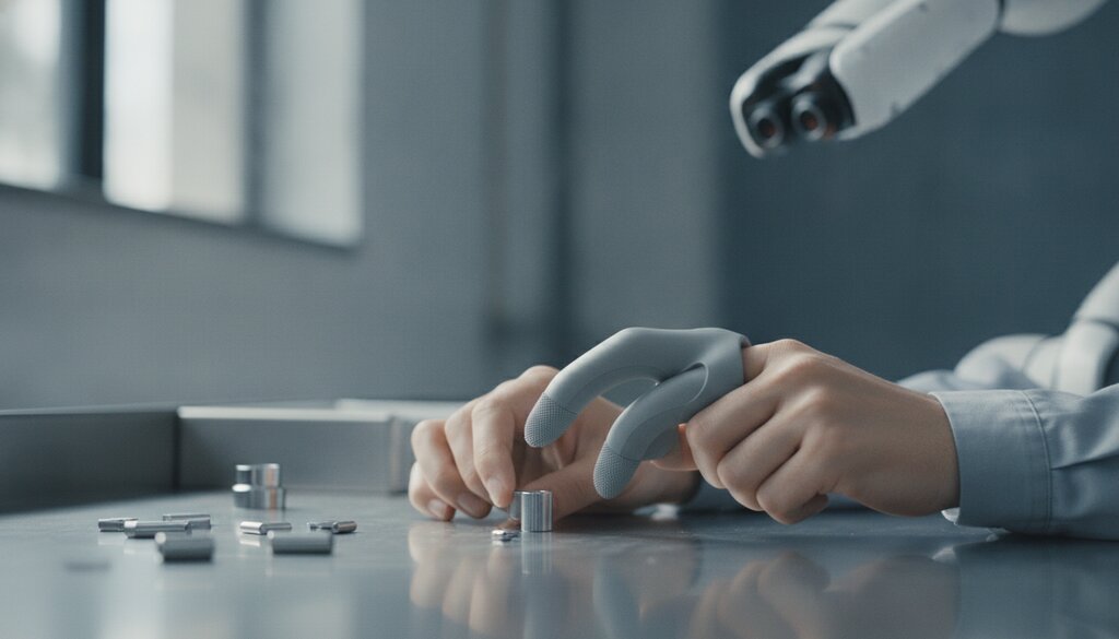 Fabrieksmedewerker met tweevingerige grijper doet een handeling voor terwijl een robotarm meekijkt