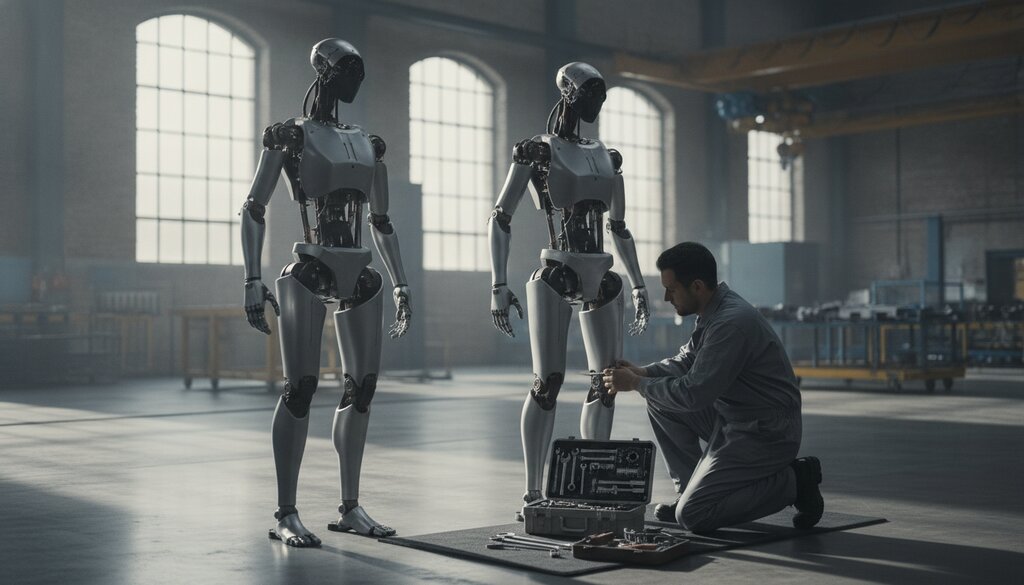 Technicus werkt aan twee stilstaande humanoide robots in een fabriekshal