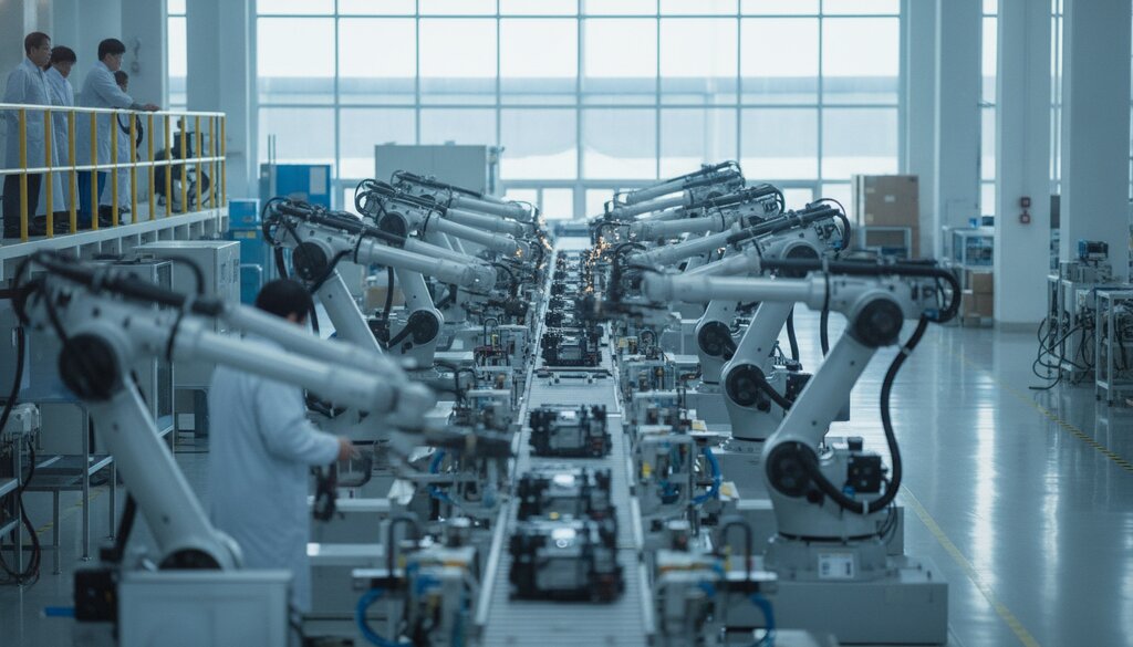 Geautomatiseerde fabrieksvloer in Zuid-Korea met robotarmen aan een productielijn