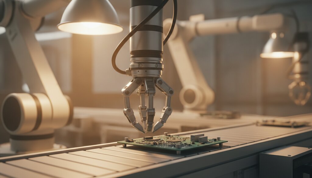 Robotarm assembleert onderdelen aan een geautomatiseerde productielijn