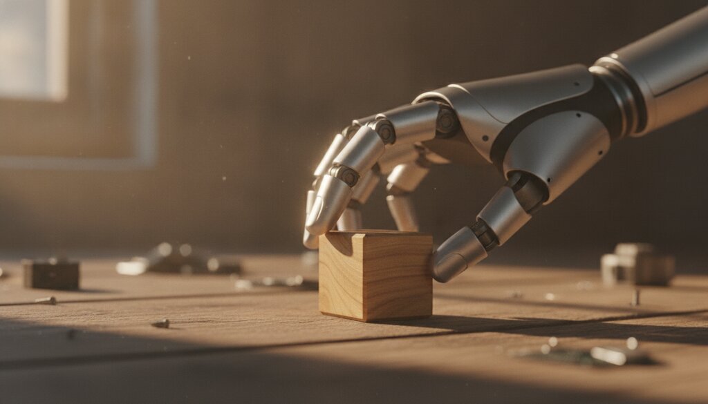 Robothand pakt een houten blokje op een werkbank in warm daglicht
