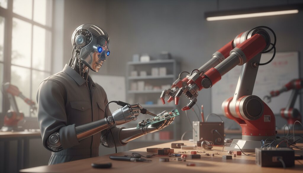 Twee verschillende robots werken samen aan een werkbank in een robotwerkplaats