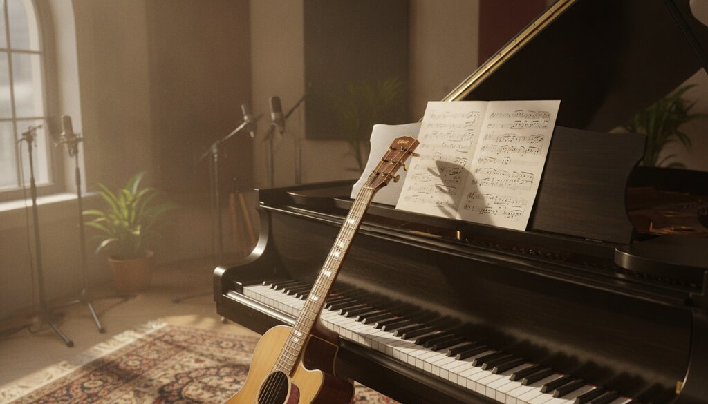 Bladmuziek en akoestische gitaar op een vleugel in een opnamestudio